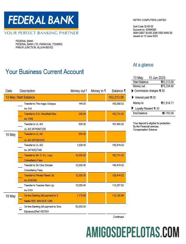 Em branco Extrato de conta da empresa do Banco Federal Modelo Word e PDF